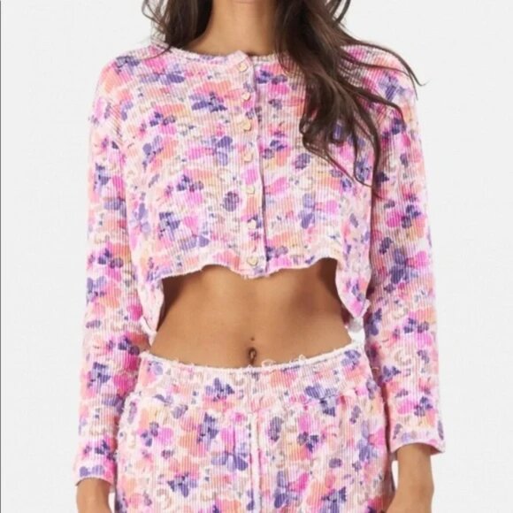 LoveShackFancy Sweaters - LoveShackFancy Ciel Floral Waffle Knit Button Cropped Cardigan- Heart Buttons, L